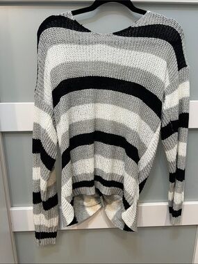 white birch Black, White & Gray Striped Knit Crewneck Sweater